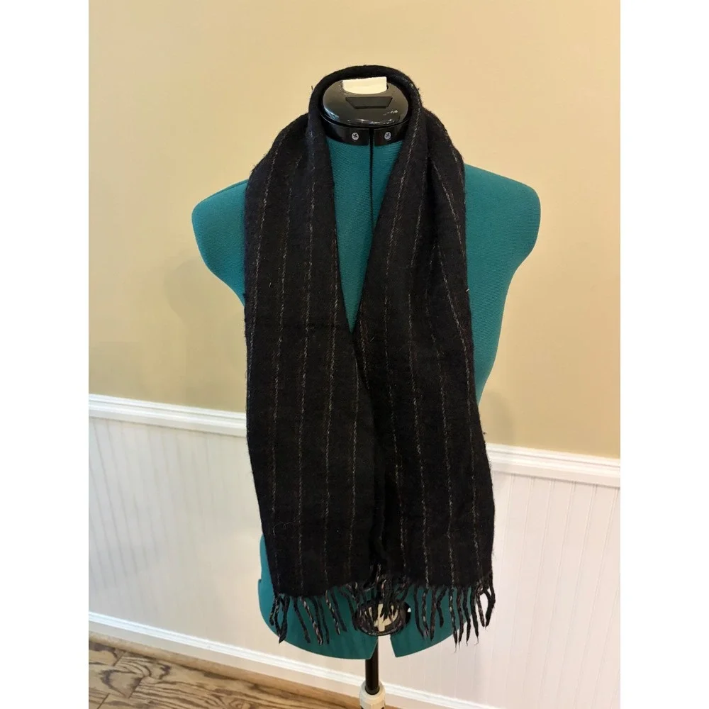 Christian Dior Monsieur 100% Merino Wool Scarf Black Pinstripe Fringe Japan